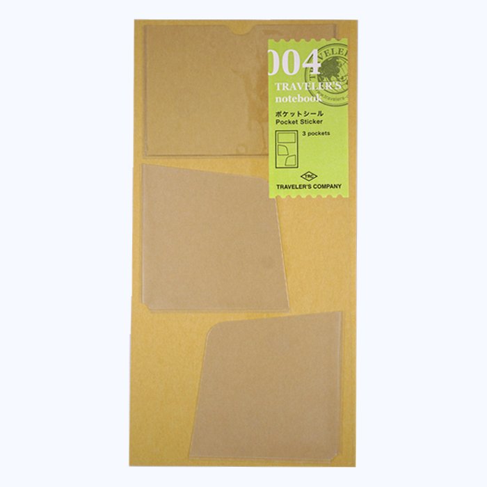 #004 Pocket Stickers (3-pack) for Traveler’s Notebook; clear adhesive pockets designed to hold receipts and notes, enhancing notebook storage.