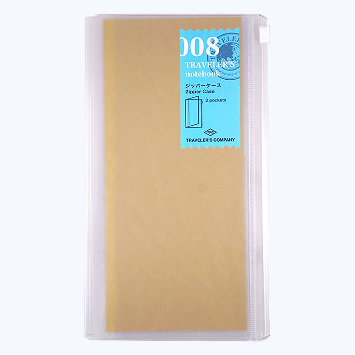 Traveler’s Company #008 Clear Zipper Case for notebooks, featuring a zip-pouch and three slots for papers, displayed with a kraft-paper notebook insert.