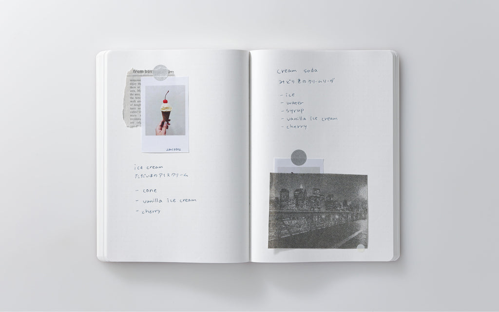 Stalogy 018 Editor’s Series 365 Days Dotgrid Notebook (A5, Black) open to creative layout with photos, bilingual notes, and recipes, ideal for fountain pen friendly journaling.