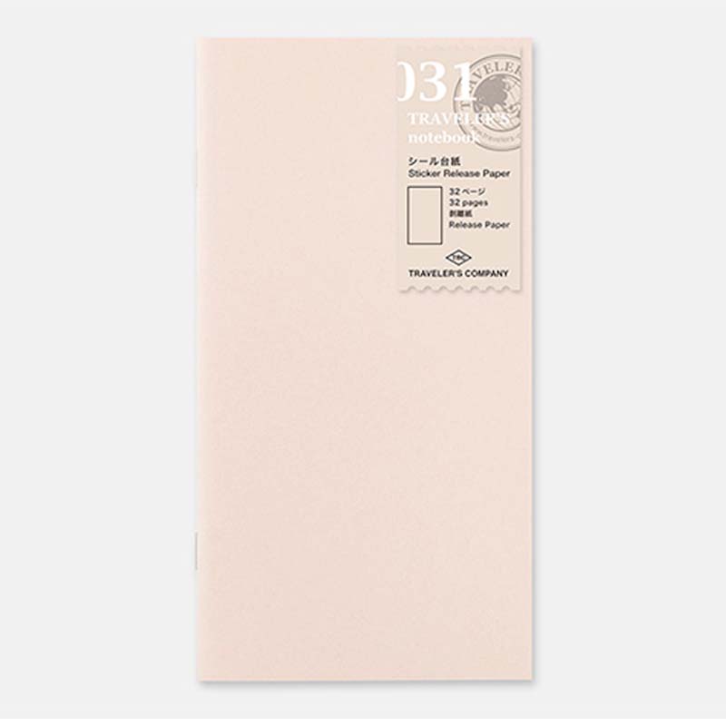 Traveler's Company #031 Sticker Release Paper (Regular) refill, 32 pages, designed for sticker storage in Traveler's notebooks, available at Desk Bandit, specializing in Japanese stationery.