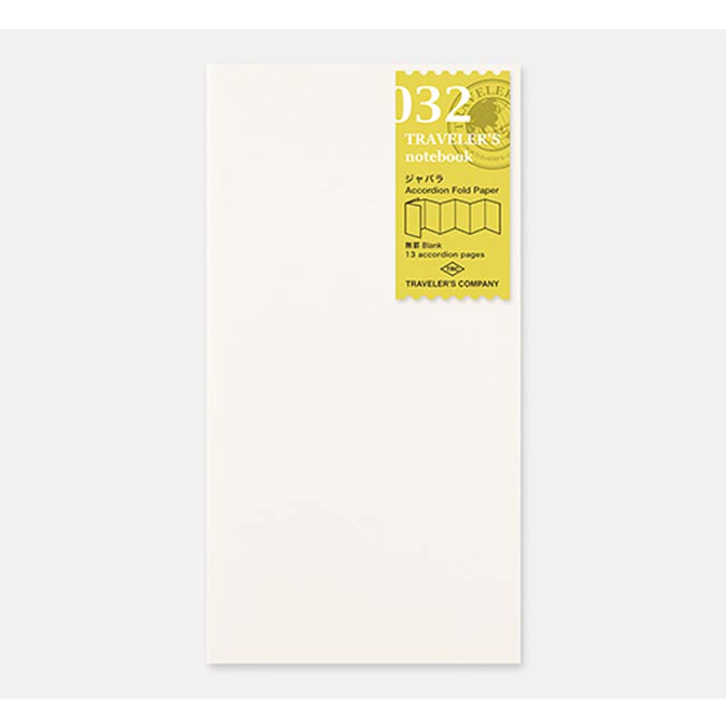 Traveler's Company #032 Accordion Fold Paper, a 13-panel, fountain pen friendly refill for Traveler’s Notebook, ideal for creative projects or planning, with thick watercolor paper.