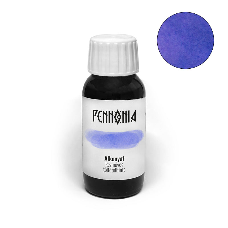 Pennonia Alkonyat (Twilight) artisan fountain pen ink, 60ml bottle, featuring a dusky purple-blue hue, handcrafted for a unique writing experience.