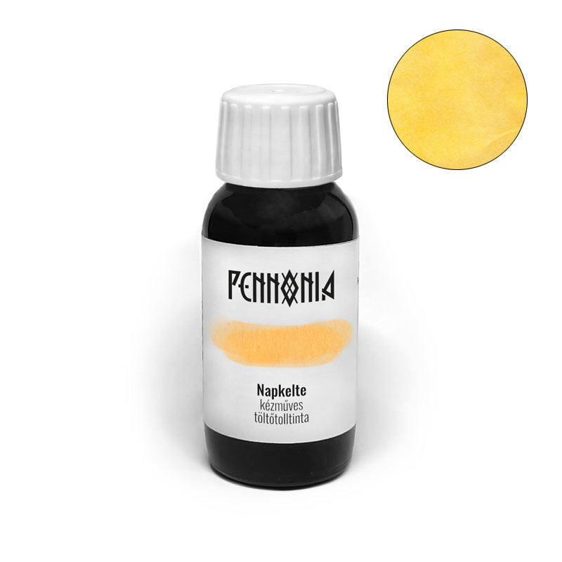 Pennonia Napkelte (Sunrise) - 60ml handcrafted fountain pen ink bottle, showcasing a warm yellow-orange fluorescent shade, reflecting personal inspiration and Hungarian tradition.
