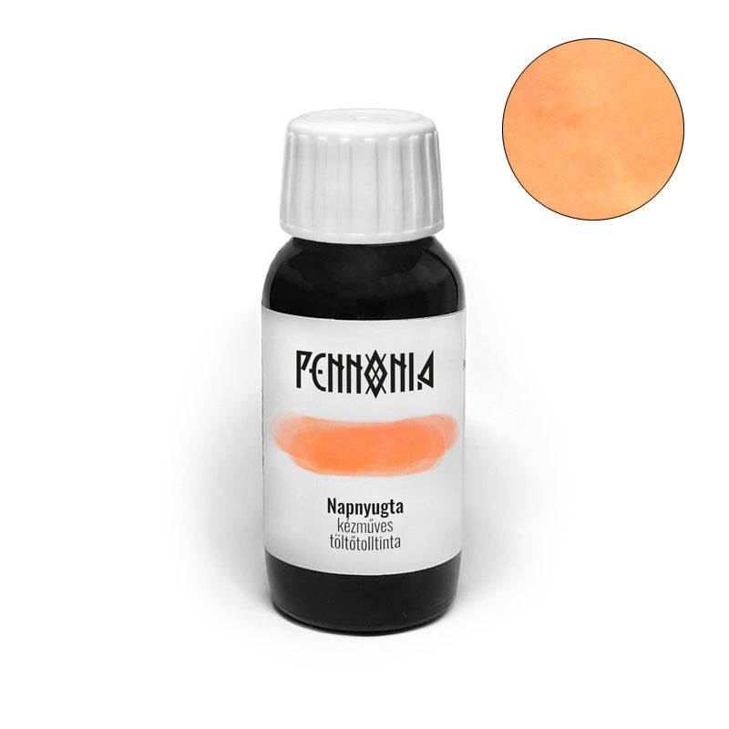 Pennonia Napnyugta (Sunset) fountain pen ink, 60ml bottle, featuring a warm orange-peach swatch, handmade with fluorescent dye-based formula.