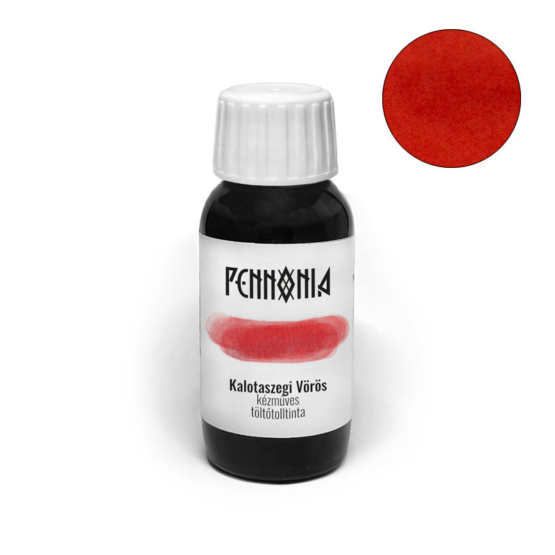 Pennonia Kalotaszegi Vörös handcrafted fountain pen ink, 60ml bottle, showcasing Hungarian tradition with a visible red swatch on the label.