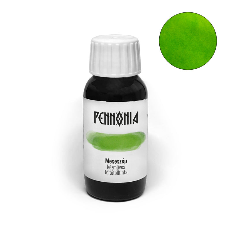 Pennonia Meseszép (Fairy Tale) 60ml fountain pen ink, handcrafted with high-quality ingredients, featuring a bright, fresh green hue.