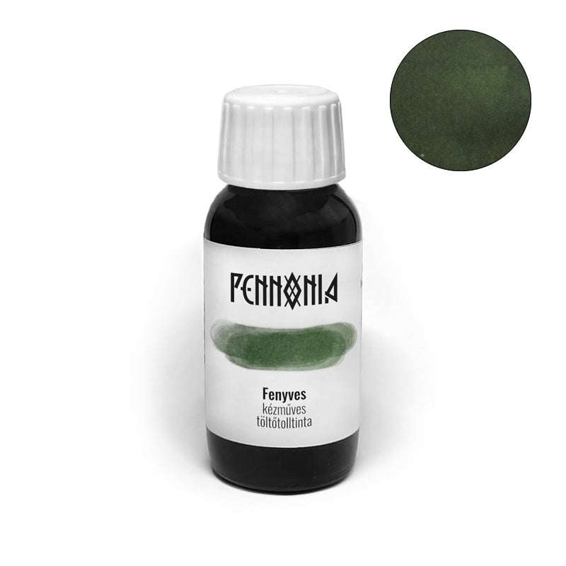 Pennonia Fenyves (Boreal Forest) fountain pen ink, 60ml bottle, handcrafted with deep, muted green dye-based color, reflecting Hungarian inspiration and tradition.