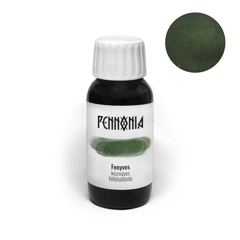 Pennonia Fenyves (Boreal Forest) fountain pen ink, 60ml bottle, handcrafted with deep, muted green dye-based color, reflecting Hungarian inspiration and tradition.