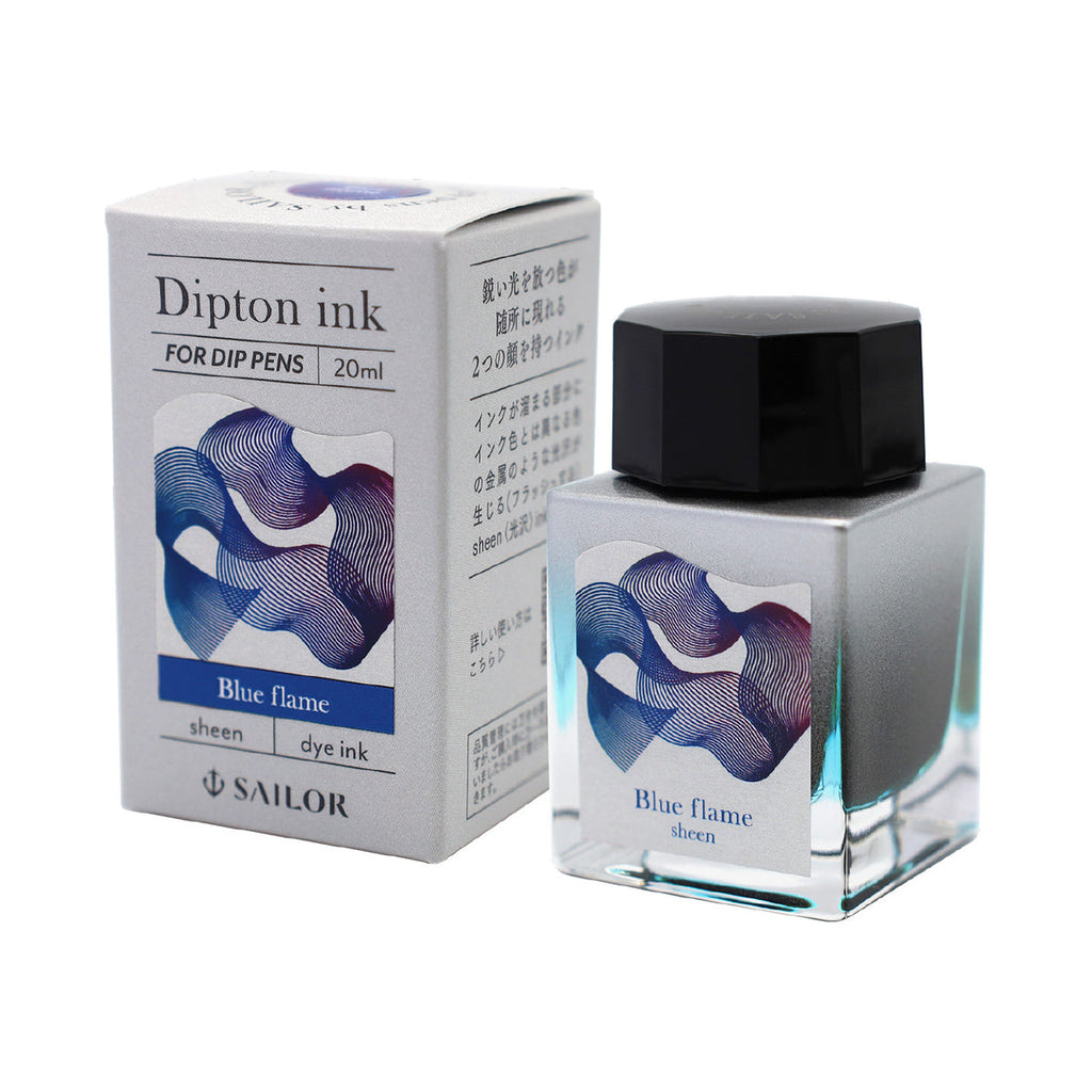 Dipton Ink Blue Flame - 20ml by Sailor, a dye-based ink with sheen, shown in a square glass bottle and box, designed for dip pens only.