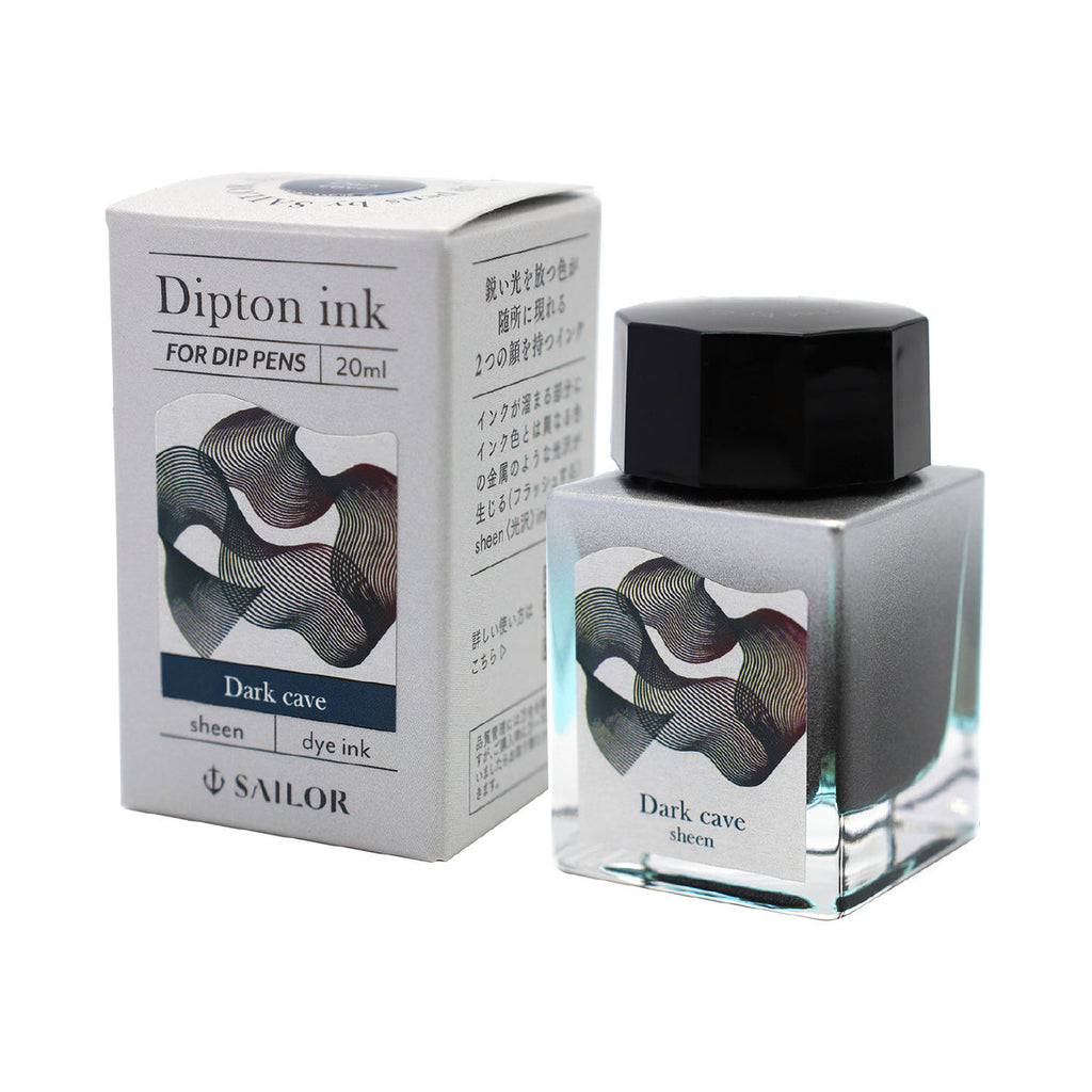 Dipton Ink Dark Cave - 20ml by Sailor, sheen dye ink for dip pens, displayed with its matching box featuring a multicolored ribbon-style label design.