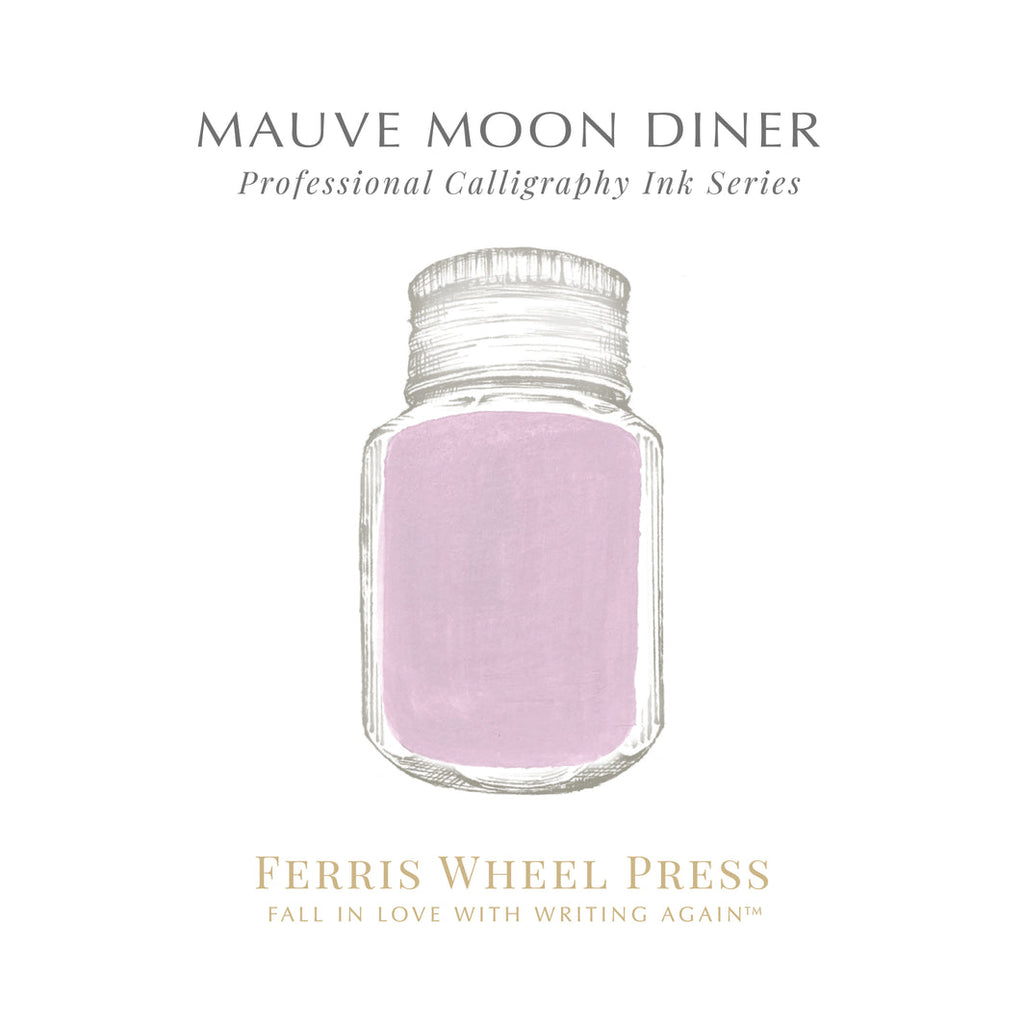 Mauve Moon (Calligraphy Ink) - 28ml by Ferris Wheel Press, featuring a stylized label with a glass jar. For dip pens only.