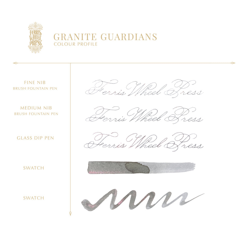 Ferris Wheel Press Bestiary Series - Granite Guardians (Shimmer) fountain pen ink, 85ml. Features grey tone with rose gold shimmer, shown with fine, medium nibs, and glass dip pen.