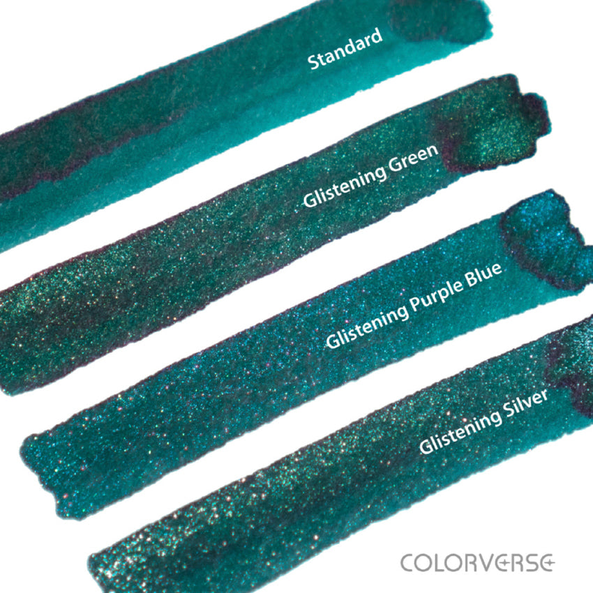 Colorverse 2025 Blue Green Snake, a deep teal ink, shown in four swatches: standard, green shimmer, purple blue shimmer, and silver shimmer.