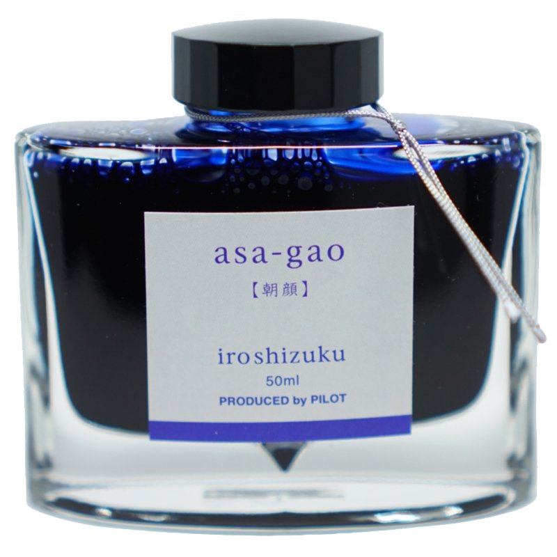 Iroshizuku Ink - Asa Gao (50ml) in a sleek glass bottle, showcasing Pilot's morning-glory blue fountain-pen ink, elegantly reflecting its premium quality.