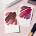 Wearingeul Instant Film Colour Swatch (50 sheets) featuring deep pink fountain pen ink samples, swatch cards, “Henry Jekyll” ink bottle, and foam brush on pale pink surface.