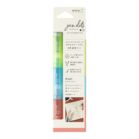 Midori Join Dots Connecting Marker Set - Bright; three interlocking highlighters ideal for bullet journaling, featuring vibrant green, blue, and coral-red hues.