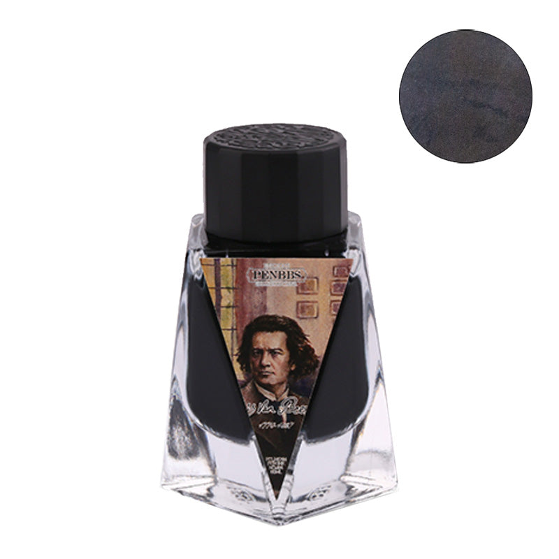 PenBBS No.434 Beethoven fountain pen ink, 30ml bottle with black cap and triangular label featuring a classical musician’s portrait, showcasing dark ink color.
