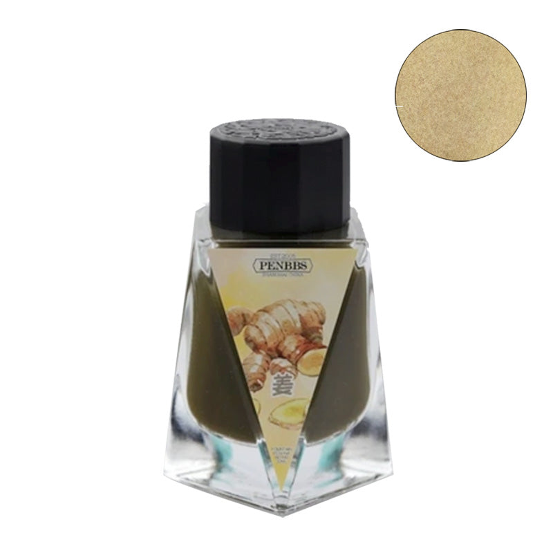 PenBBS No.440 Ginger fountain pen ink in a faceted 30ml glass bottle with black cap, displaying a ginger root label and warm golden-beige ink swatch.