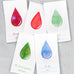 Wearingeul Ink Drop Swatch Cards showcasing watercolor drops with Korean and English text on white, smooth 200gsm paper for fountain pen ink characteristics. Pack of 50 cards.