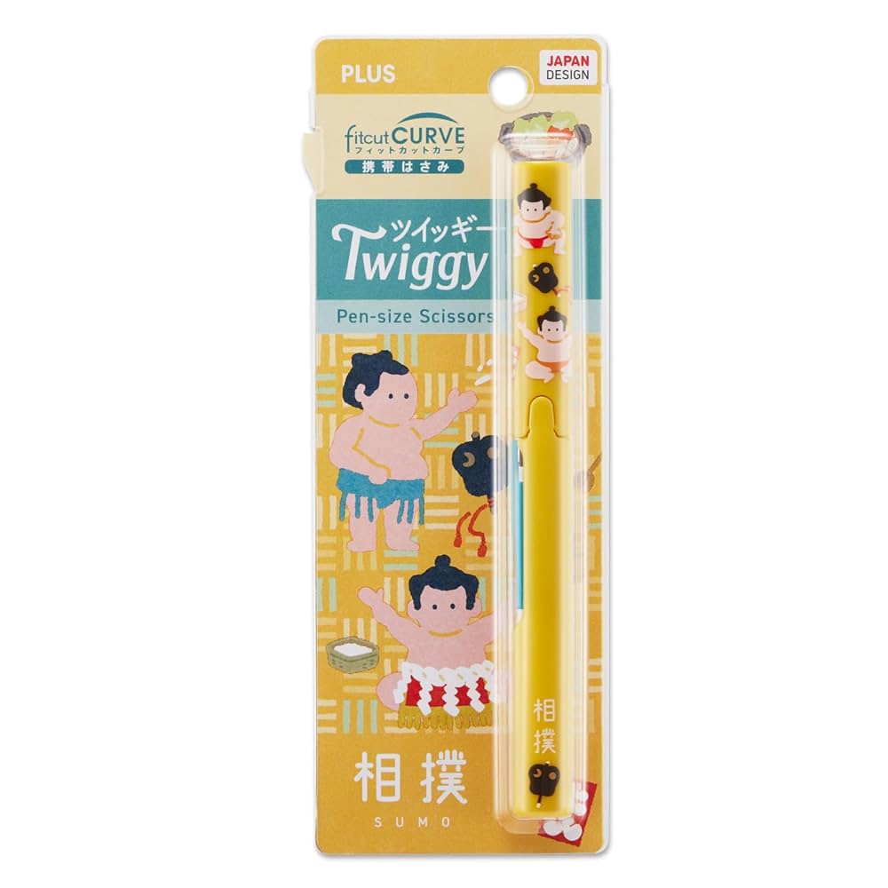 Twiggy Pen-Sized Scissors - Sumo, in blister-pack, featuring cartoon sumo motifs. Compact, 42mm high carbon blade, protective cap, ideal for travel. Japan Design by PLUS.