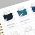 Wearingeul Ink Colour Swatch Notebook A5 (Impression) features hand-drawn ink bottle outlines filled with watercolor. Ideal for cataloguing fountain pen ink collections.
