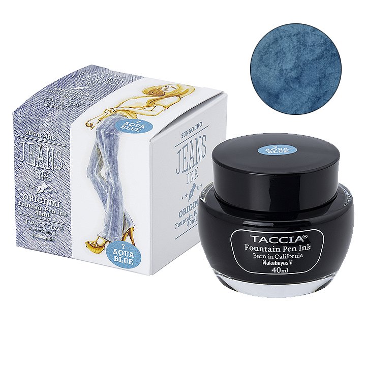Taccia Aqua Blue (Jeans) - 2ml ink sample with 40ml bottle, box, and color swatch, inspired by denim and Japanese color perception.