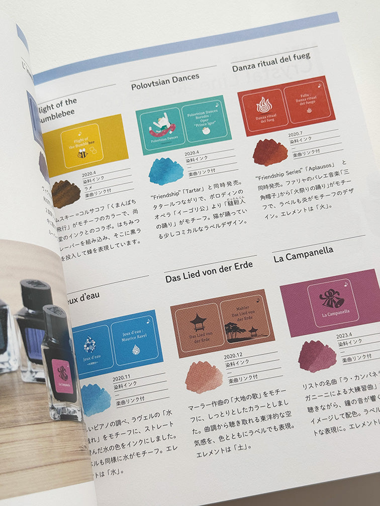 Tono & Lims 806 Inks and Swatch Book Set displayed, showcasing music-themed fountain pen inks with vibrant labels and ink swatches.