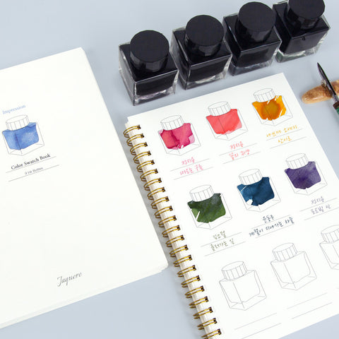 Wearingeul Ink Colour Swatch Notebook A5 (Impression) with ink samples displayed in a spiral-bound book, featuring fountain pen ink swatches and space for labeling.