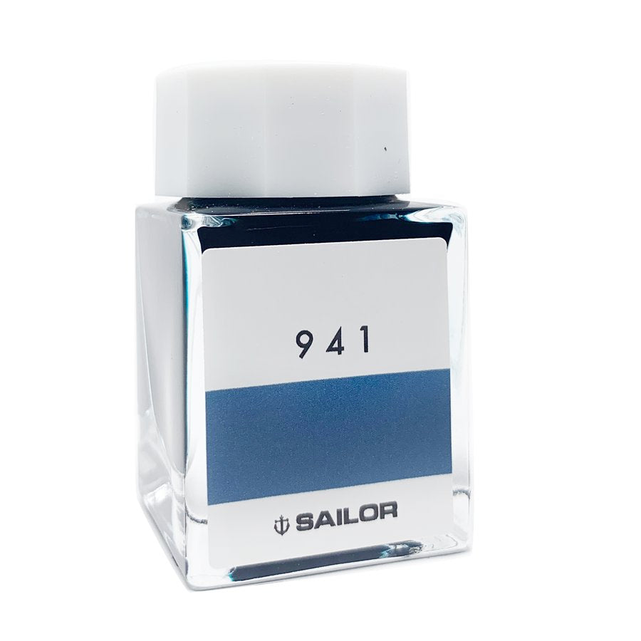 Square glass bottle of Sailor Ink Studio #941, featuring a blue-toned dye-based ink, labeled 941 with Sailor logo. Contains 20ml, measuring 6x3.7x3.7 cm.