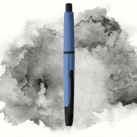 Moonman/Majohn A2 fountain pen in Far Peaks Blue with black clip, extra fine nib; features a click-retractable design, resin body, and includes a converter.