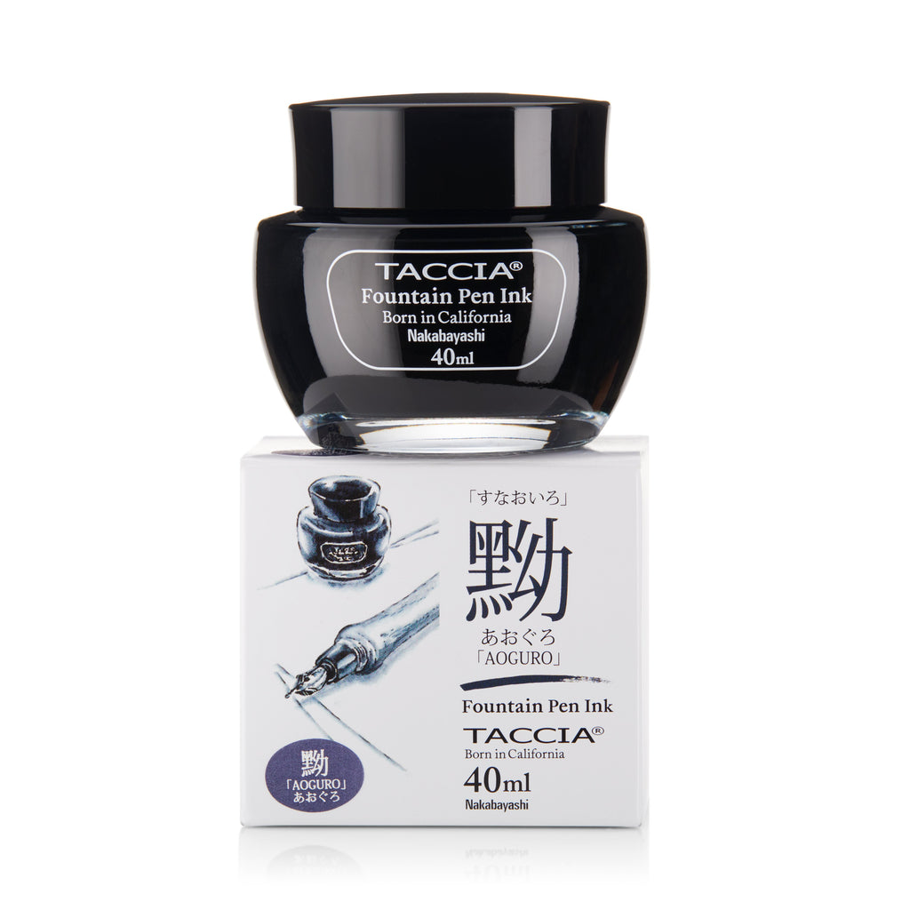 Taccia Aoguro - 2ml ink sample, displayed in a 40ml bottle on its box, featuring Japanese characters and a pen nib illustration.