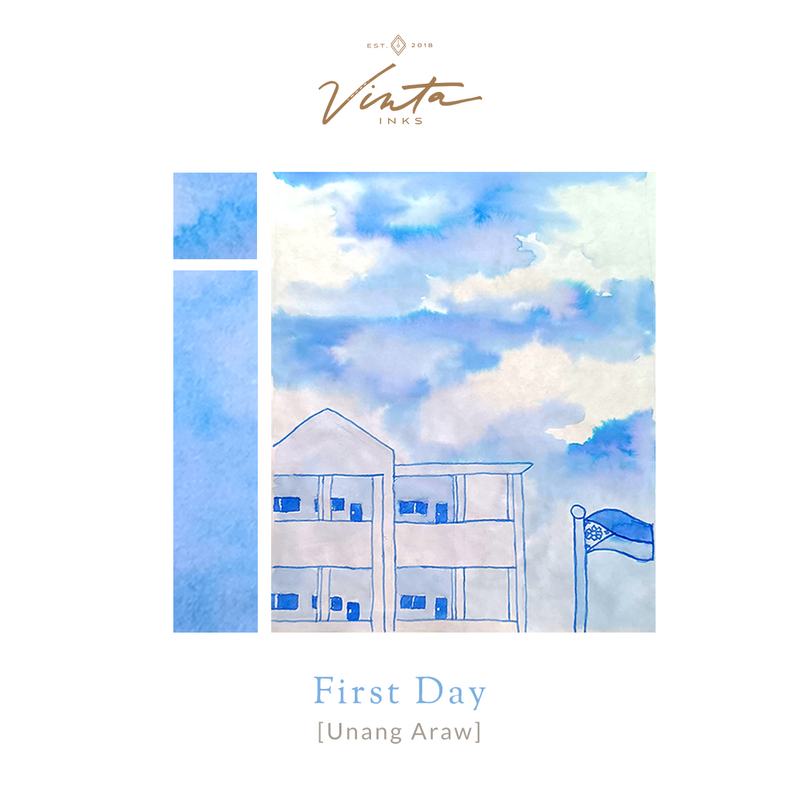 Vinta Inks First Day (Unang Araw) fountain pen ink, 30ml, with watercolor artwork depicting a school building under a partly cloudy sky, symbolizing new beginnings.
