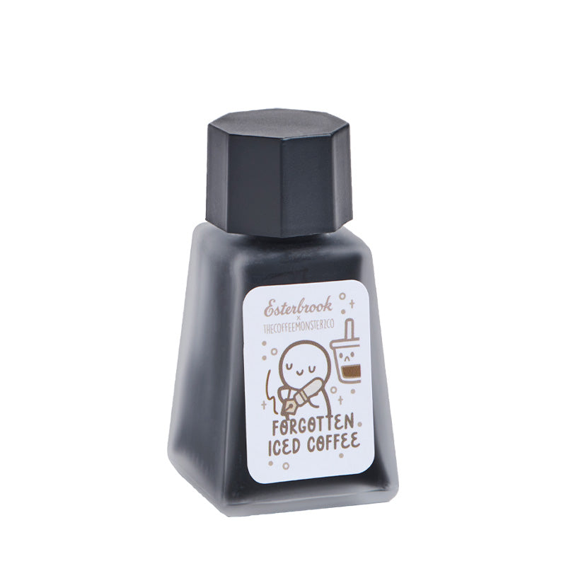 Esterbrook x TheCoffeeMonsterzCo - Forgotten Iced Coffee Ink - 30ml, in a triangular black bottle with octagonal cap, ideal for smooth writing and sketching.