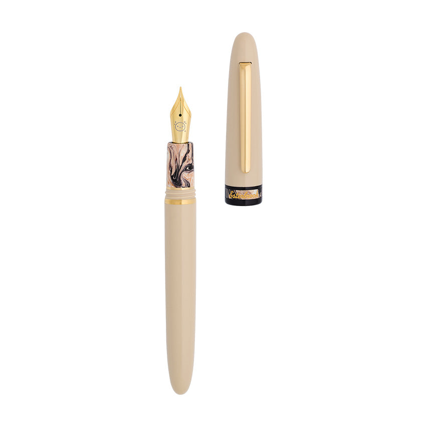 Estie - TheCoffeeMonsterzCo Collab / Gold - Extra Fine luxury fountain pen with beige barrel, gold-plated nib, marbled grip, and gold clip, ideal for writing enthusiasts.