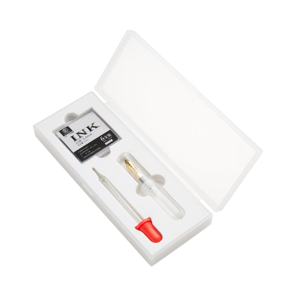 Wancai Mini (Clear) - Fine: Compact refill kit with ink cartridges, piston-style converter, and dropper, all in a clear plastic case for versatile fountain pen use.