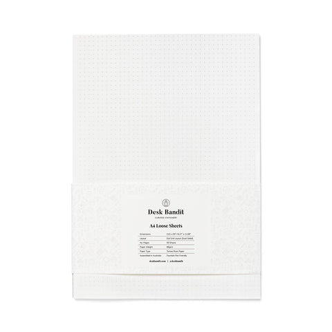 Pack of A4 White 68gsm - 50 Sheets (Dual Sided Dot Grid) from Desk Bandit, featuring a minimalist belly band with product details.