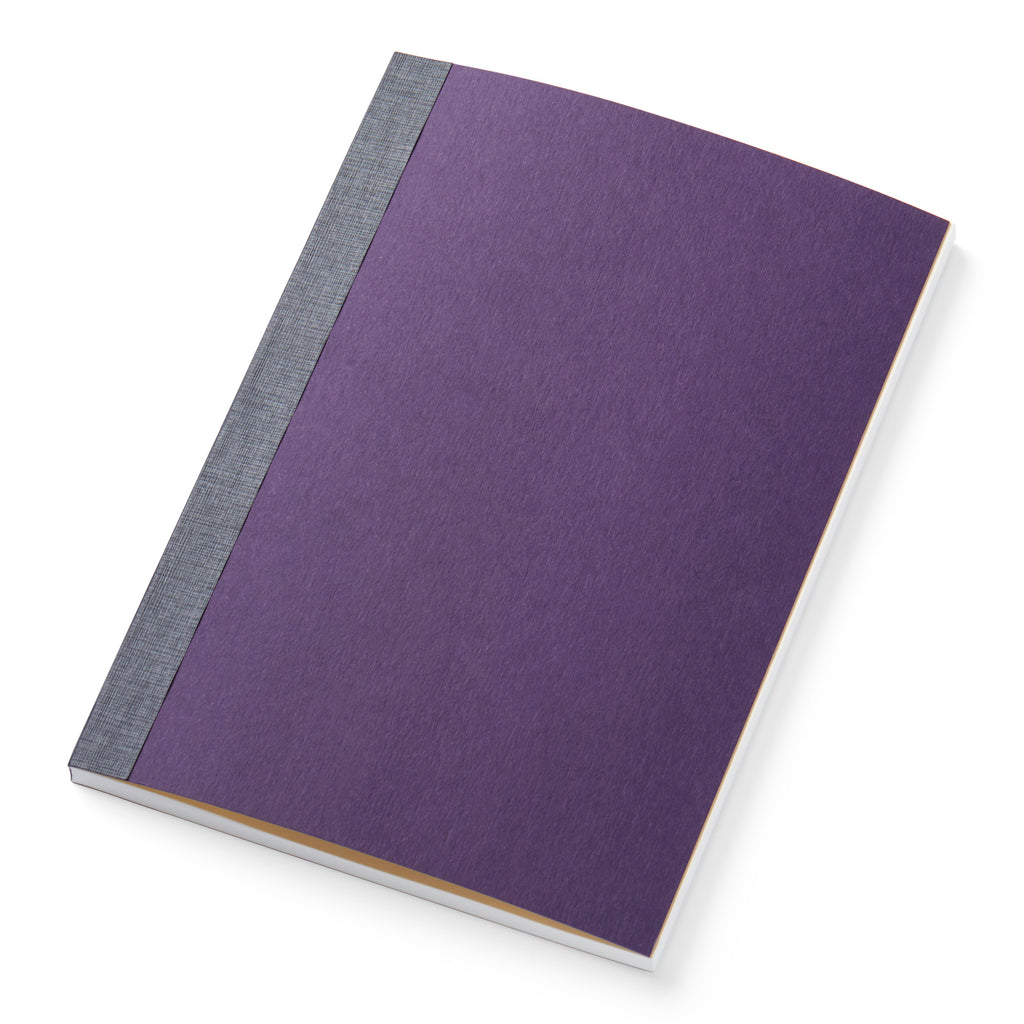 Tomoe River Notebook with Cover- A5 (Dot Grid), featuring a deep purple cover and gray spine, showcasing white page edges. Minimalist design, ideal for journaling.