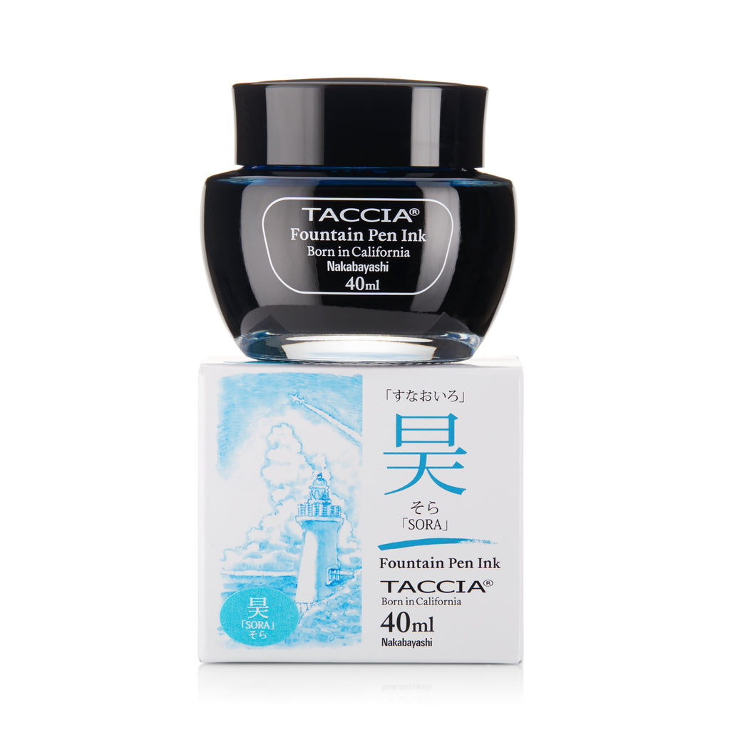 Taccia Sora - 2ml ink sample, sky blue bottle on its box with matching artwork, inspired by Japanese color perception, suitable for various pens.