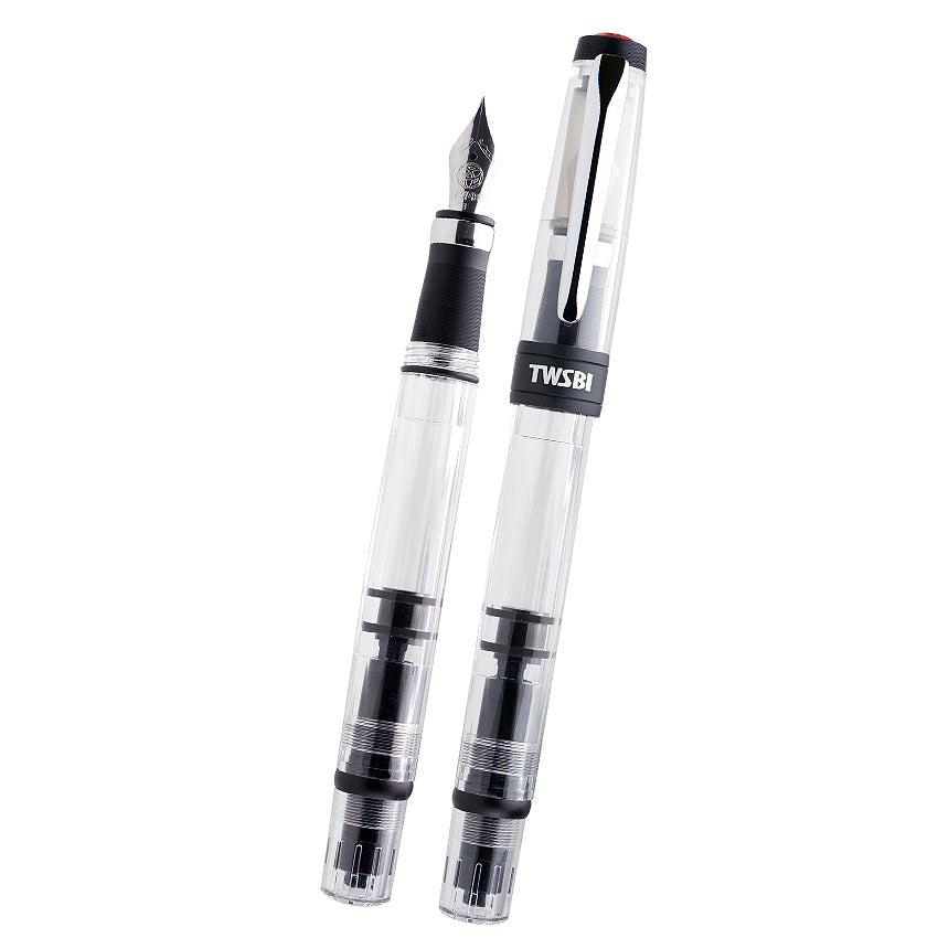 TWSBI Diamond 580ALR (Black) - fine fountain pen, transparent body with piston mechanism, steel nib, and matte aluminium grip, showcasing elegant design and functionality.