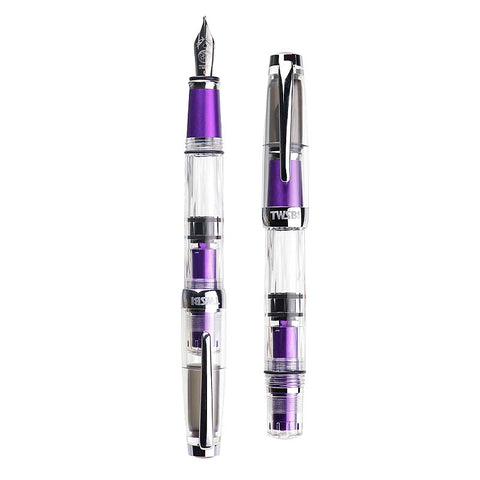 TWSBI Diamond Mini AL (Grape) - Medium fountain pen with transparent body, purple accents, and stainless-steel nib, showcasing capped and uncapped views for detailed appreciation.