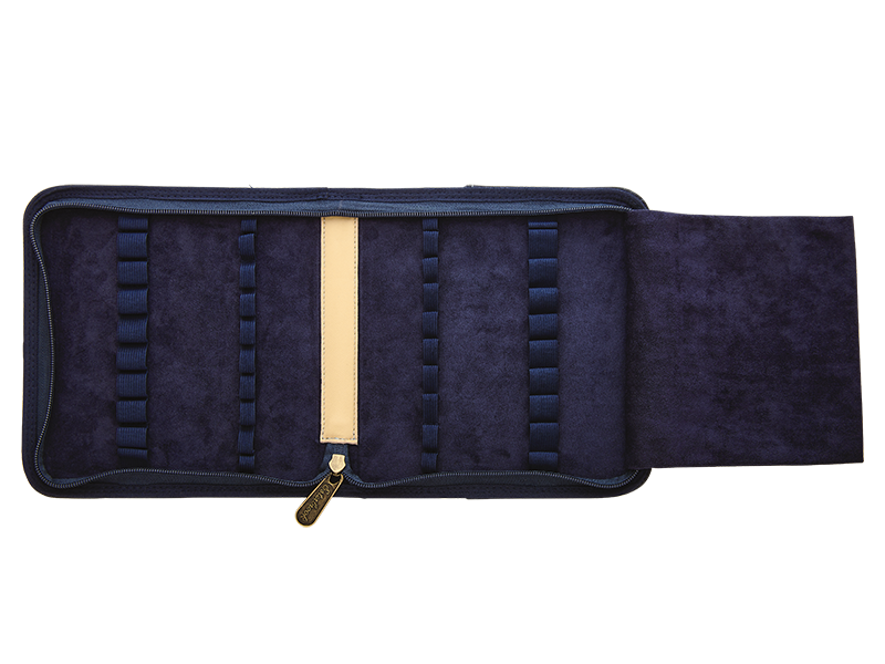 Esterbrook 20-Pen Canvas Case (Navy) featuring elastic loops and a central leather-trimmed pocket, designed for secure storage of fountain pens.