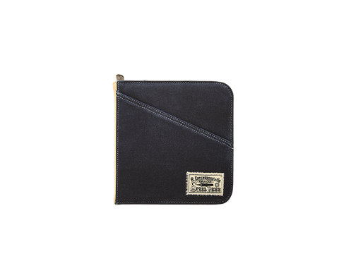 Esterbrook 20-Pen Canvas Case (Navy) with diagonal seam, patch label, and zipper pull, designed for secure pen storage and organization with elastic loops and pocket.