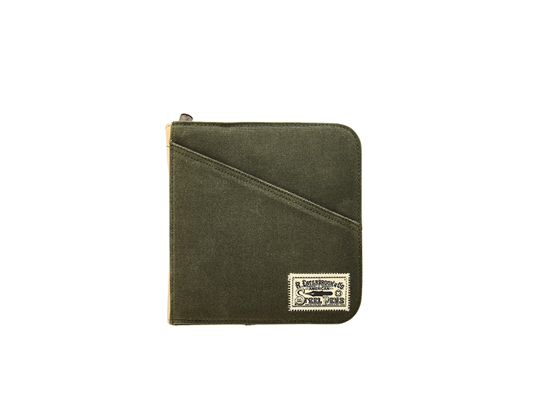 Esterbrook 20-Pen Canvas Case (Army Green) with diagonal front pocket and top zipper, showcasing a vintage label, ideal for organizing and protecting fountain pens.