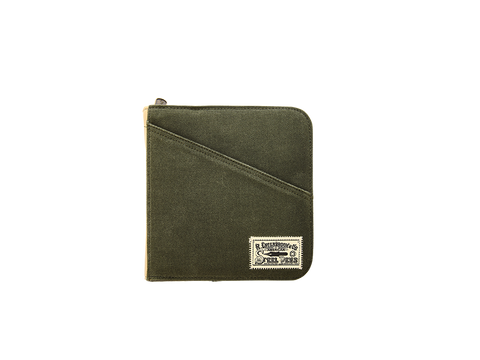 Esterbrook 20-Pen Canvas Case (Army Green) with diagonal front pocket and top zipper, showcasing a vintage label, ideal for organizing and protecting fountain pens.