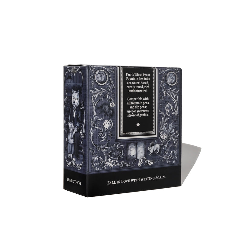 Ferris Wheel Press Bearrington Black fountain pen ink, 38ml, ornately packaged, ideal for writing enthusiasts.