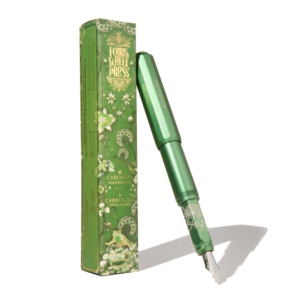 Ferris Wheel Press Aluminium Carousel Fountain Pen - Book of Botany (Fine), showcasing a green design with silver nib, displayed with matching botanical-themed box.