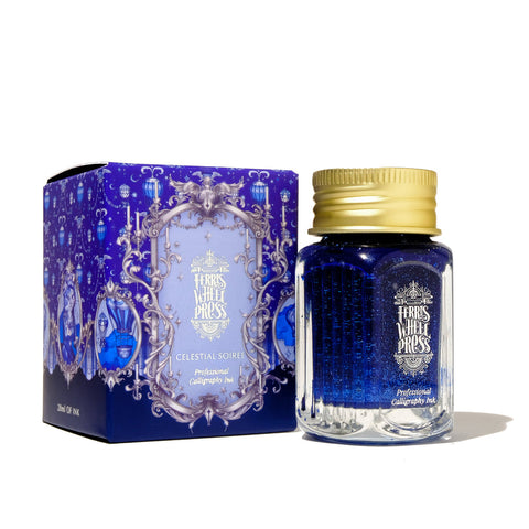 Ferris Wheel Press Celestial Soiree calligraphy ink, 28ml, shimmering navy-blue with metallic flecks, in a glass jar with gold cap, celestial-themed box.