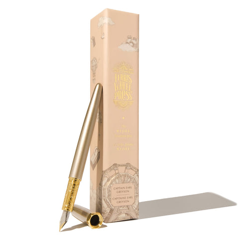 Ferris Wheel Press Bijou Fountain Pen - Captain Earl Greyson (Fine) with champagne-gold body, brass grip, and removable nib, displayed with its cap and embossed box.