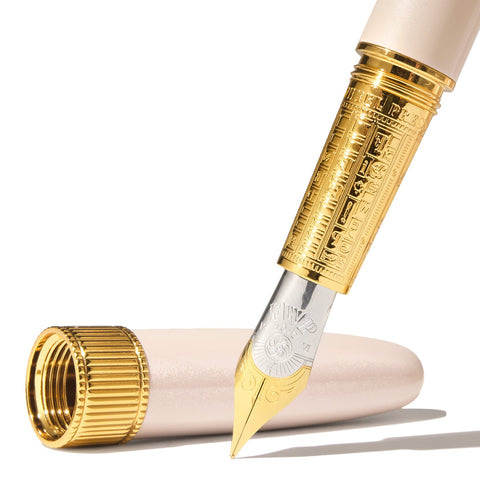 Joule Fountain Pen - Chantilly Lacewood (Medium) by Ferris Wheel Press, showcasing a gold and silver engraved nib, pastel-pink barrel, and engraved gold-plated grip.