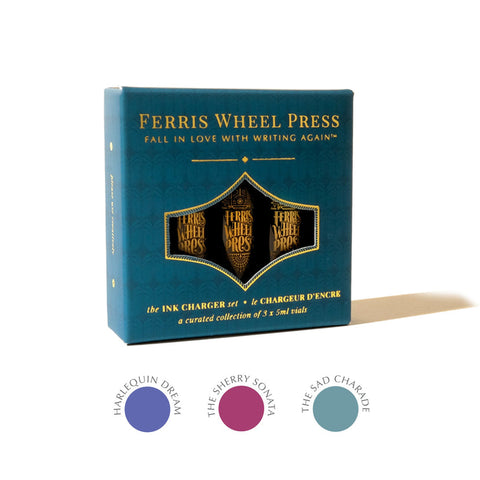 Ferris Wheel Press Ink Charger Set - The Midnight Masquerade Collection, featuring three 5ml vials of fountain pen ink in Harlequin Dream, The Sherry Sonata, and The Sad Charade.